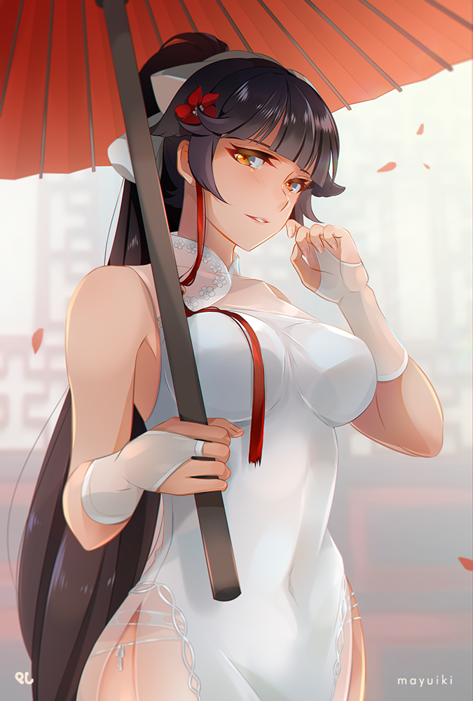1girl, alternate_costume, animal_ears, azur_lane, black_hair, blunt_bangs, blurry, blurry_background