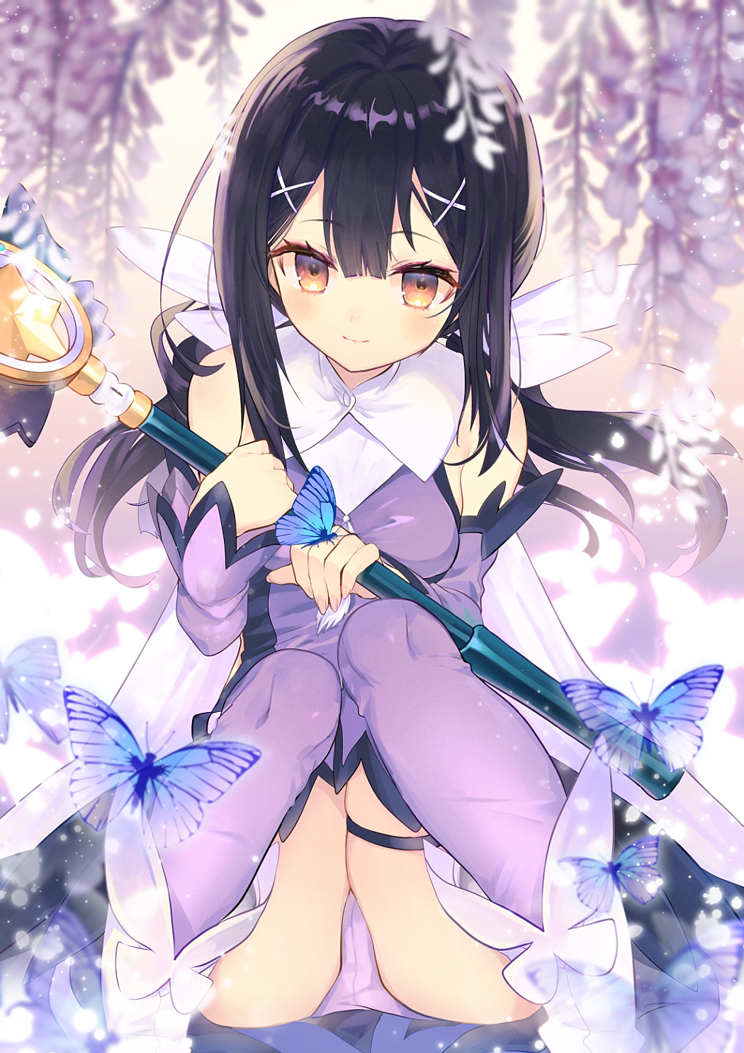 1girl, black_hair, boots, brown_eyes, bug, butterfly, detached_sleeves, fate/kaleid_liner_prisma_illya