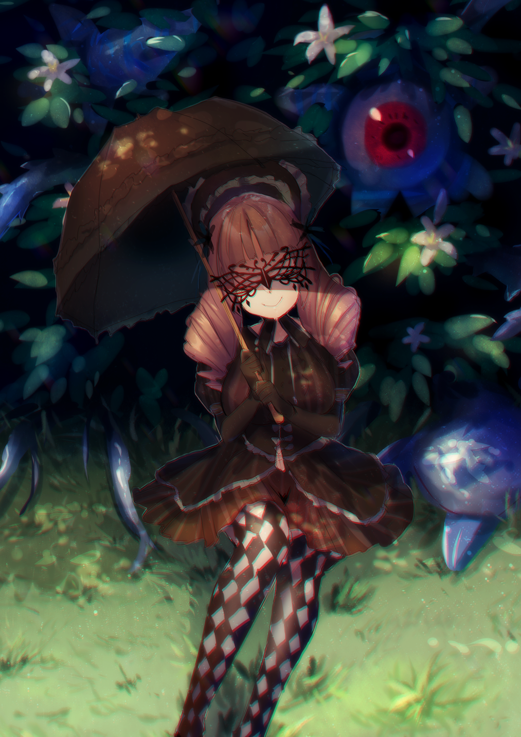 1girl, argyle_clothes, argyle_legwear, black_dress, black_gloves, black_umbrella, blunt_bangs, bonnet