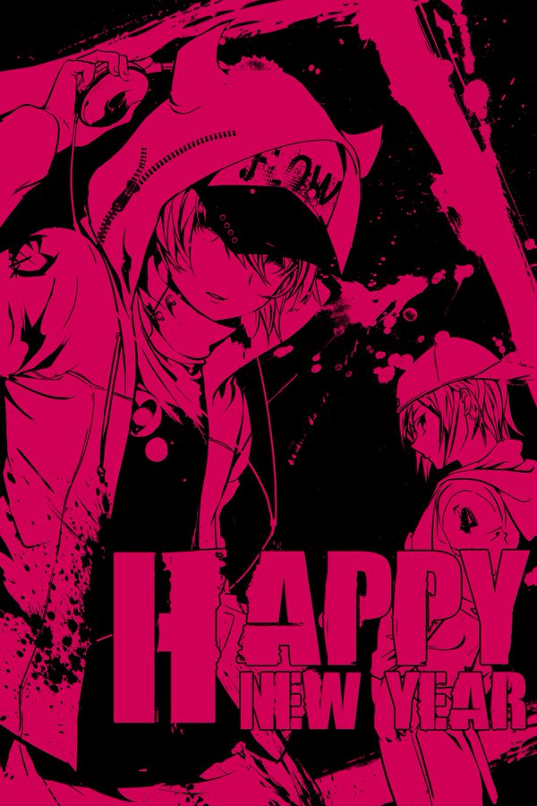 .flow, 1boy, 1girl, crossover, happy_new_year, hat, hood, horns