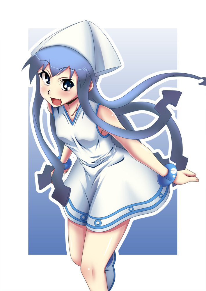 1girl, blue_eyes, blue_hair, bracelet, dress, female_focus, hat, ikamusume