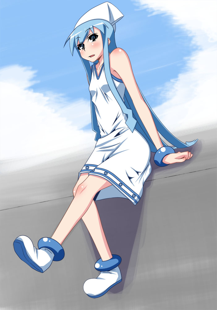 blue_eyes, blue_hair, bracelet, dress, hat, ikamusume, jewelry, kondou_mu