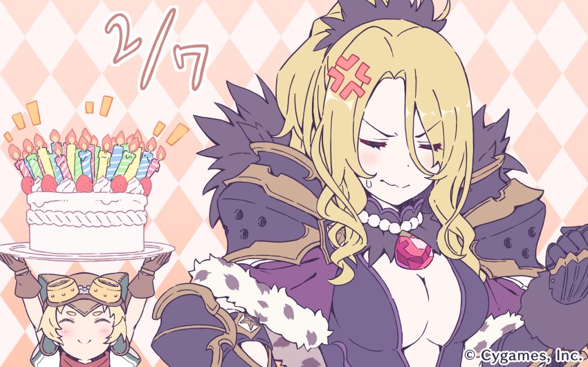 2girls, absurdres, anger_vein, armor, blonde_hair, breasts, cake, candle