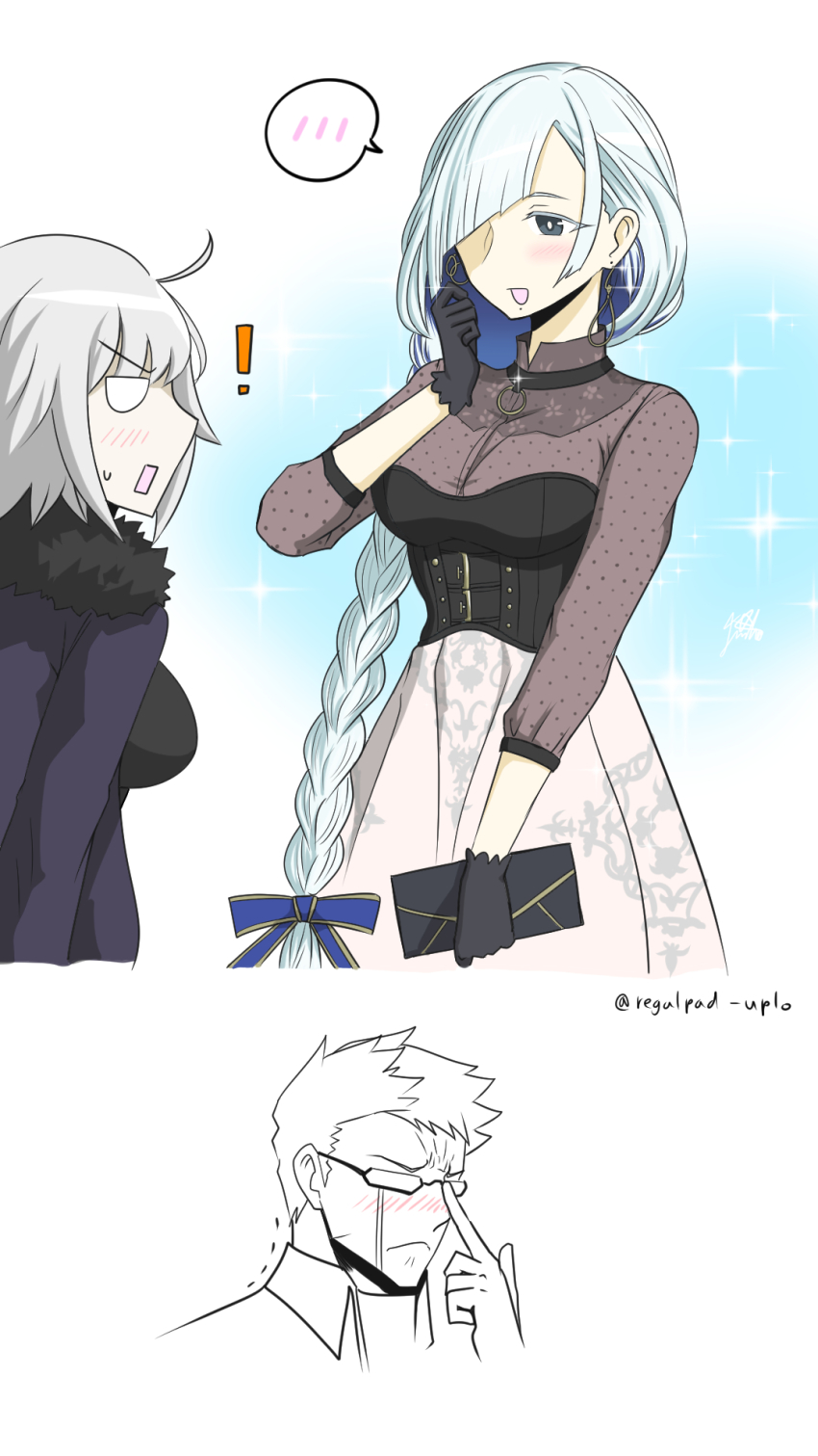 !, 1boy, 2girls, :d, adjusting_eyewear, ahoge, alternate_costume, bag, black_corset, black_gloves, black_shirt, blue_hair, blush, breasts, brynhild_(fate), brynhild_(valkyrie_style)_(fate), cleavage, corset, earrings, fate/grand_order, fate_(series), fire_emblem, fur-trimmed_jacket, fur_trim, glasses, gloves, hair_over_one_eye, handbag, highres, holding, holding_bag, holding_handbag, jacket, jeanne_d'arc_(fate), jeanne_d'arc_alter_(avenger)_(fate), jeanne_d'arc_alter_(fate), jeanne_d'arc_alter_(ver._shinjuku_1999)_(fate), jewelry, large_breasts, long_hair, long_skirt, multiple_girls, nintendo, nose_blush, open_mouth, purple_eyes, regalpad, see-through_clothes, shirt, sigurd_(fire_emblem), silver_hair, skirt, smile, speech_bubble, spoken_blush, sweatdrop, twitter_username, valkyrie_style, very_long_hair, white_skirt