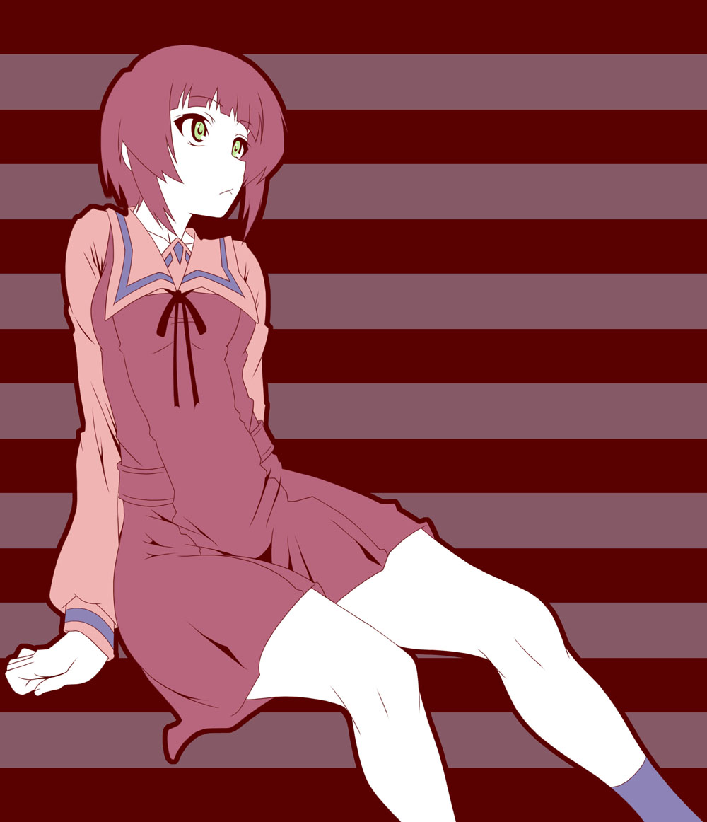 00s, 1girl, :<, female_focus, flat_color, green_eyes, kondou_mu, pale_skin