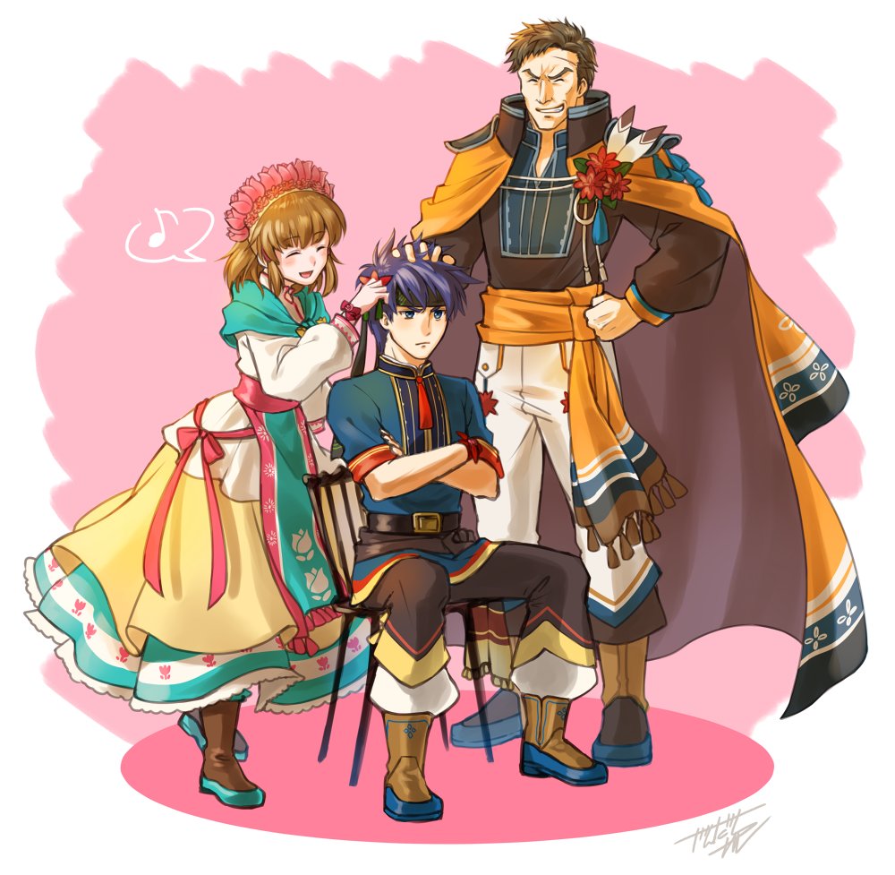 1girl, 2boys, belt, blue_eyes, blue_hair, boots, brother_and_sister, brown_hair