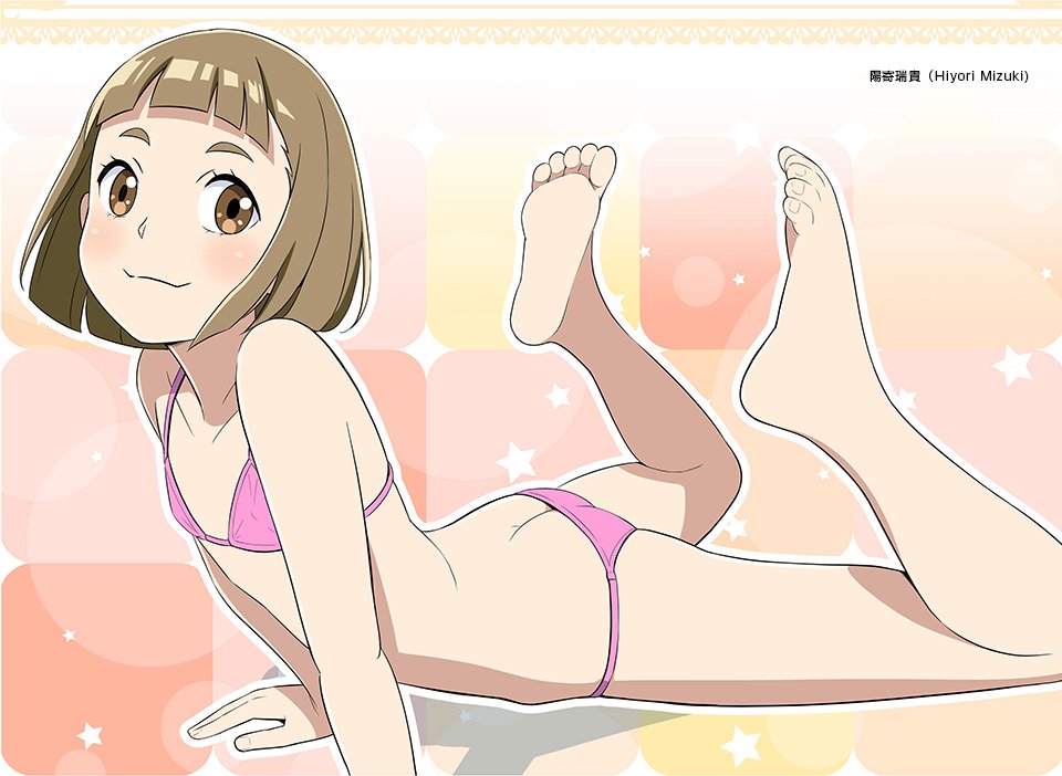 1girl, artist_name, barefoot, bikini, blunt_bangs, braid, breasts, brown_eyes, brown_hair, child, feet, flat_chest, hiyori_mizuki, lying, short_hair, side_braid, small_breasts, smile, soles, sora_yori_mo_tooi_basho, swimsuit, tamaki_mari, toes