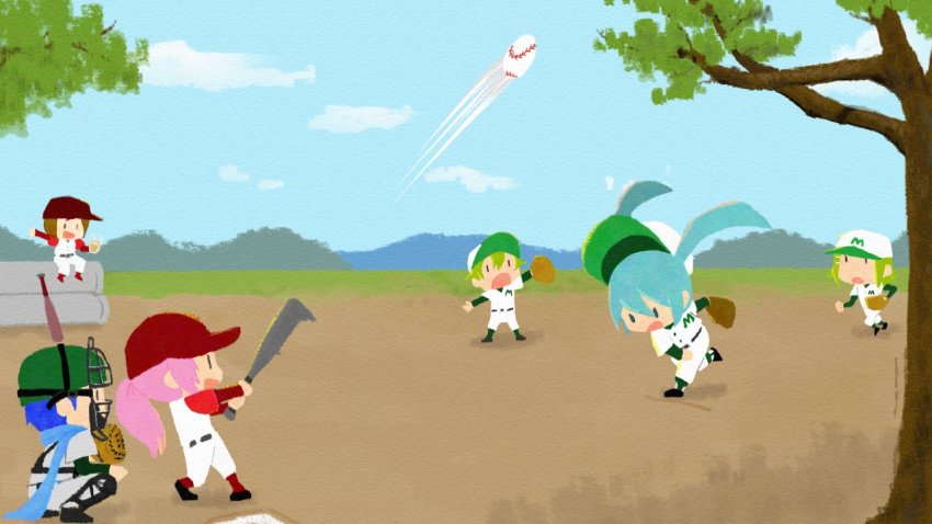 3boys, 3girls, aqua_hair, baseball, baseball_bat, baseball_cap, baseball_glove, baseball_uniform