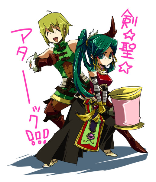 1boy, 1girl, bad_id, bad_pixiv_id, chibi, dougi, closed_eyes, gensou_suikoden