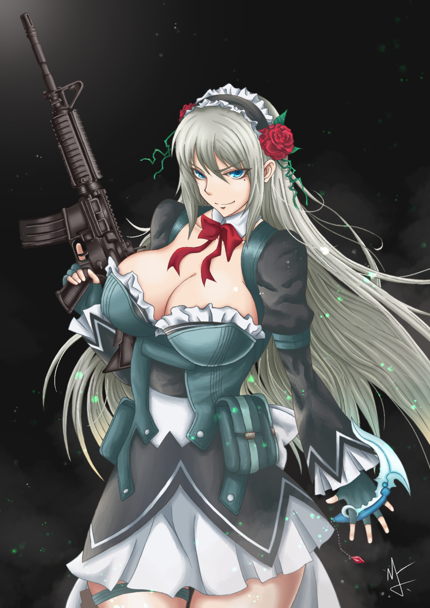 1girl, black_background, black_dress, black_hairband, blue_eyes, bow, bowtie, breasts