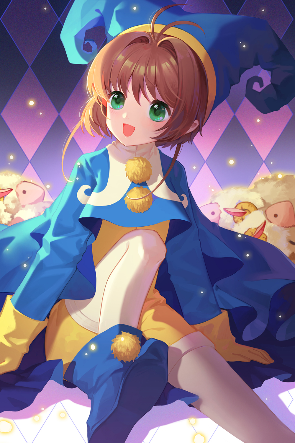 1girl, :d, antenna_hair, argyle_background, argyle_clothes, blue_boots, blue_hat, boots