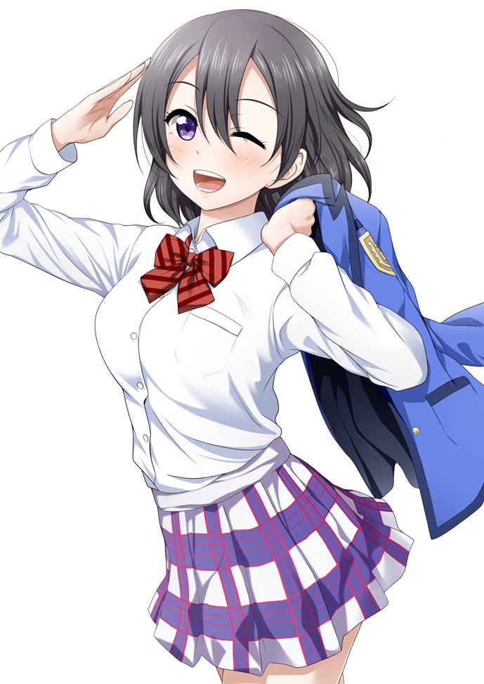 1girl, black_hair, bow, bowtie, breasts, check_commentary, checkered_clothes, checkered_skirt