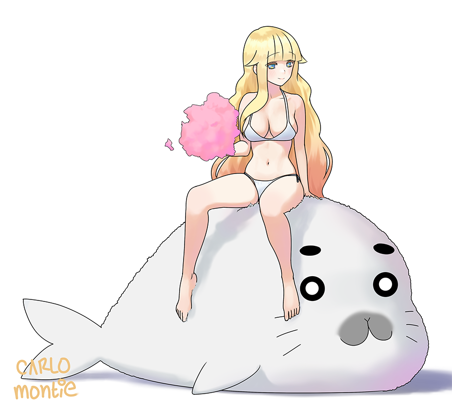 1girl, :3, artist_name, barefoot, beelzebub-jou_no_okinimesu_mama., beelzebub_(beelzebub-jou), bikini, blonde_hair, blue_eyes, blunt_bangs, breasts, carlo_montie, cotton_candy, crossover, goma-chan, hair_flaps, large_breasts, long_hair, navel, shounen_ashibe, side-tie_bikini_bottom, sitting, smile, swimsuit, very_long_hair, white_bikini