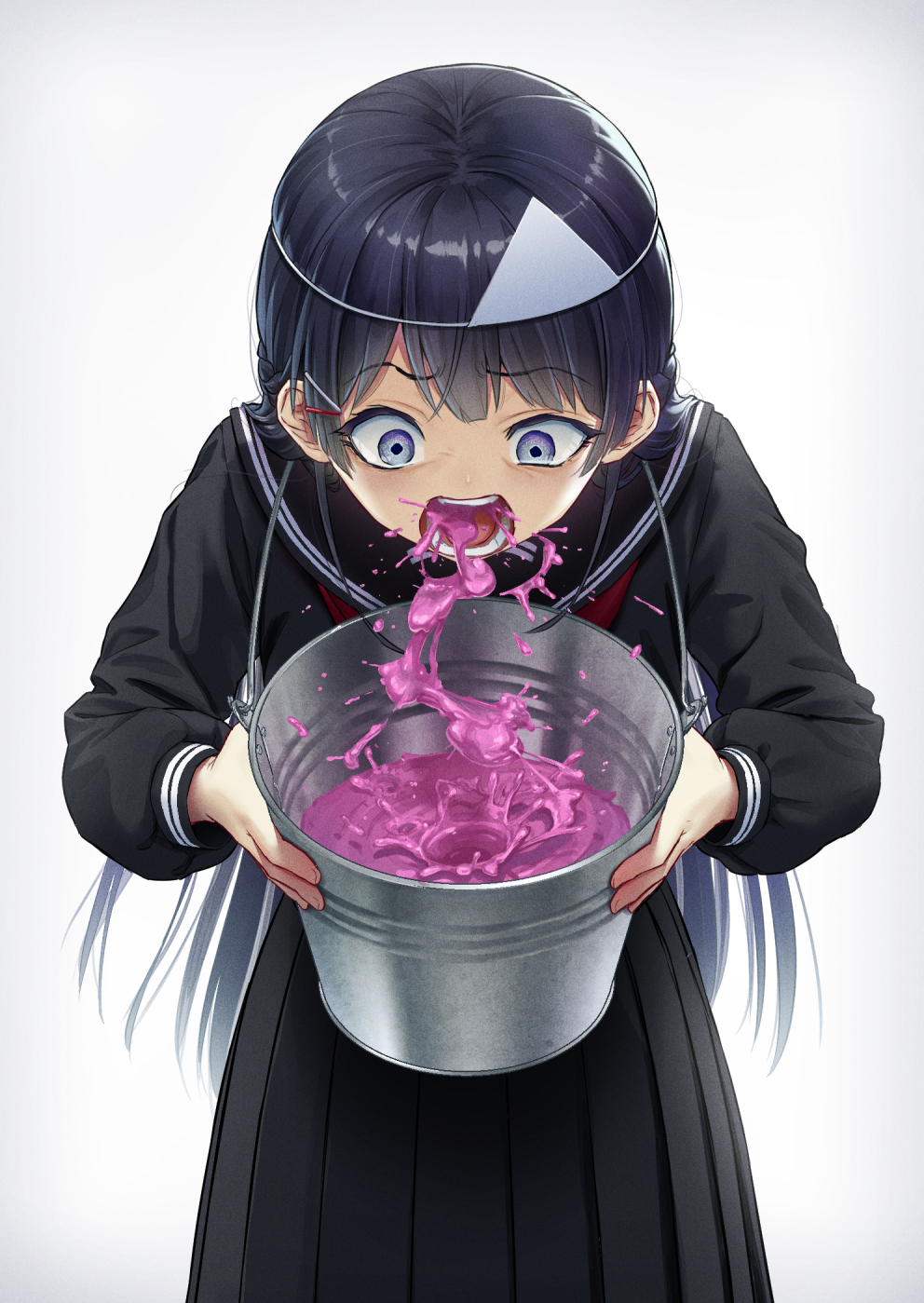 1girl, black_hair, black_serafuku, blue_eyes, bucket, commentary, cowboy_shot, female_focus, hair_ornament, hairclip, highres, holding, holding_bucket, kath, long_hair, long_skirt, looking_down, lower_teeth_only, nijisanji, open_mouth, purple_eyes, school_uniform, serafuku, skirt, solo, teeth, triangular_headpiece, tsukino_mito, tsukino_mito_(chihaki-shoujo), upper_teeth_only, very_long_hair, virtual_youtuber, vomit, vomiting, white_background