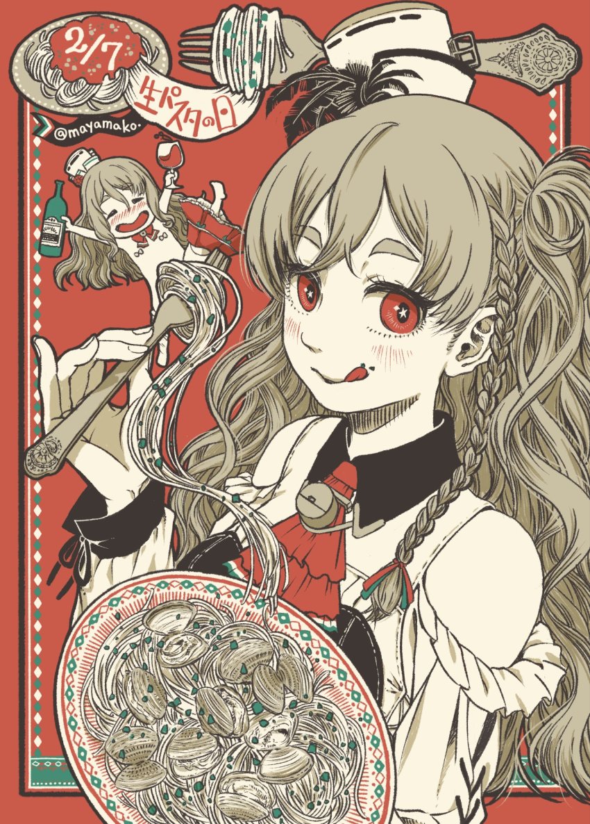 2girls, alcohol, ascot, bare_shoulders, blush, bottle, bow, braid