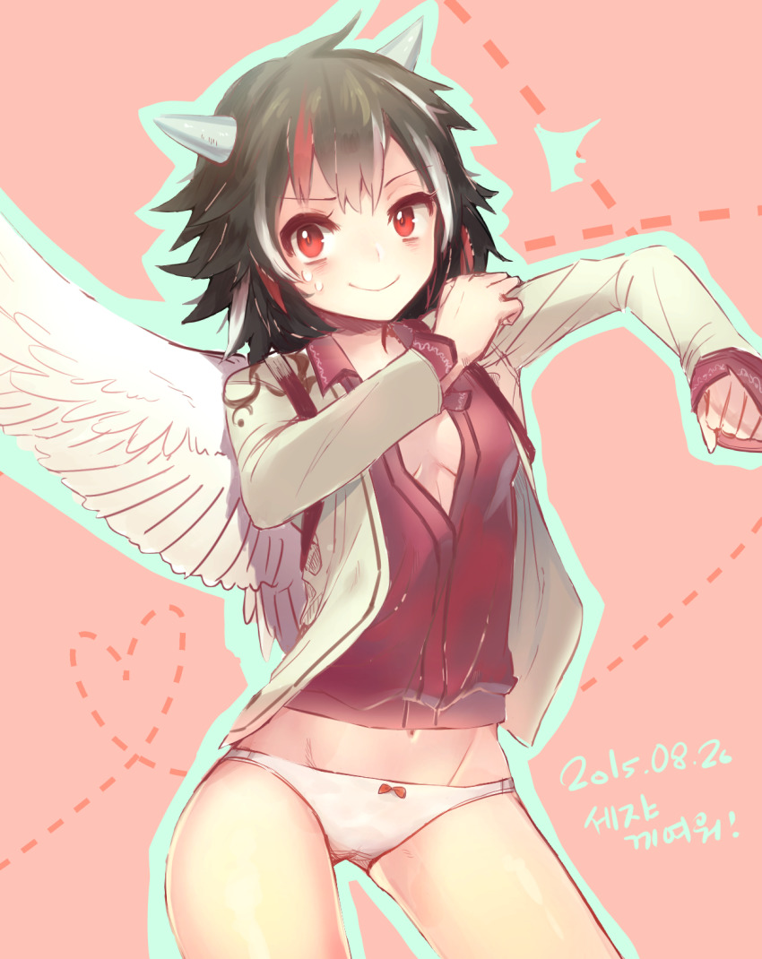 1girl, ^^^, aqua_outline, black_hair, bow, bow_panties, breasts, cleavage, clenched_hands, commentary_request, cone_horns, cosplay, cowboy_shot, dated, dotted_line, feathered_wings, female_focus, grey_horns, grey_jacket, groin, heart, heart_of_string, highres, horns, jacket, keemoringo, kijin_seija, kishin_sagume, kishin_sagume_(cosplay), long_sleeves, looking_at_viewer, midriff, multicolored_hair, navel, no_pants, open_clothes, open_jacket, outline, panties, purple_shirt, red_eyes, red_hair, shirt, short_hair, single_wing, small_breasts, smile, solo, standing, streaked_hair, sweat, thighs, touhou, translation_request, underwear, vest, white_hair, white_panties, white_wings, wings