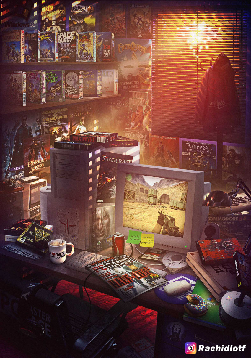 absurdly_detailed_composition, age_of_empires_(series), age_of_empires_i, alyx_vance, artist_name, atari, atari_2600, baldur's_gate, battlefield_(series), battlefield_1942, bitten, box, can, cd, cd_case, chair, civilization_(series), coat_rack, coca-cola, command_&amp;_conquer, commentary, commodore_64, commodore_pet, computer, computer_keyboard, computer_mouse, computer_tower, controller, counter-strike, counter-strike_(series), crt, cup, cypher_(matrix), day_of_the_tentacle, desk, desk_lamp, deus_ex, deus_ex_(2000), diablo, diablo_(series), diablo_1, donut, doom_(series), doom_i, doomguy, drink_can, duke_nukem, duke_nukem_(character), duke_nukem_(series), duke_nukem_3d, dungeons_&amp;_dragons, english_commentary, everquest, fallout, fallout_2, film_grain, floppy_disk, food, frodo_baggins, game_console, game_controller, gordon_freeman, grand_theft_auto, grand_theft_auto:_vice_city, grim_fandango, half-life, half-life_(series), hard_drive, headphones, headset, heart, highres, imp_(doom), indoors, instagram, instagram_username, joystick, lamp, lara_croft, light_rays, loaded_interior, magazine_(object), max_payne, max_payne_(character), max_payne_(series), microsoft_windows, monitor, monkey_island, morpheus_(matrix), mousepad_(object), mug, neo_(the_matrix), no_humans, paper_towel, pizza_hut, poster_(medium), quake_(series), quake_3_arena, rachid_lotf, scenery, shadow, silent_hill_(series), silent_hill_2, soda_can, sony, space_quest, speaker, star_wars, starcraft, sticky_note, sunbeam, sunlight, system_shock_2, the_elder_scrolls, the_elder_scrolls_iii:_morrowind, the_lord_of_the_rings, the_matrix, tolkien's_legendarium, tomb_raider, trinity_(the_matrix), ufo, unreal_tournament, warcraft, warcraft_iii, window_blinds, windows_95, windows_classic, windows_xp, wolfenstein_(series), wolfenstein_3d, x-com, x-com_(classic)