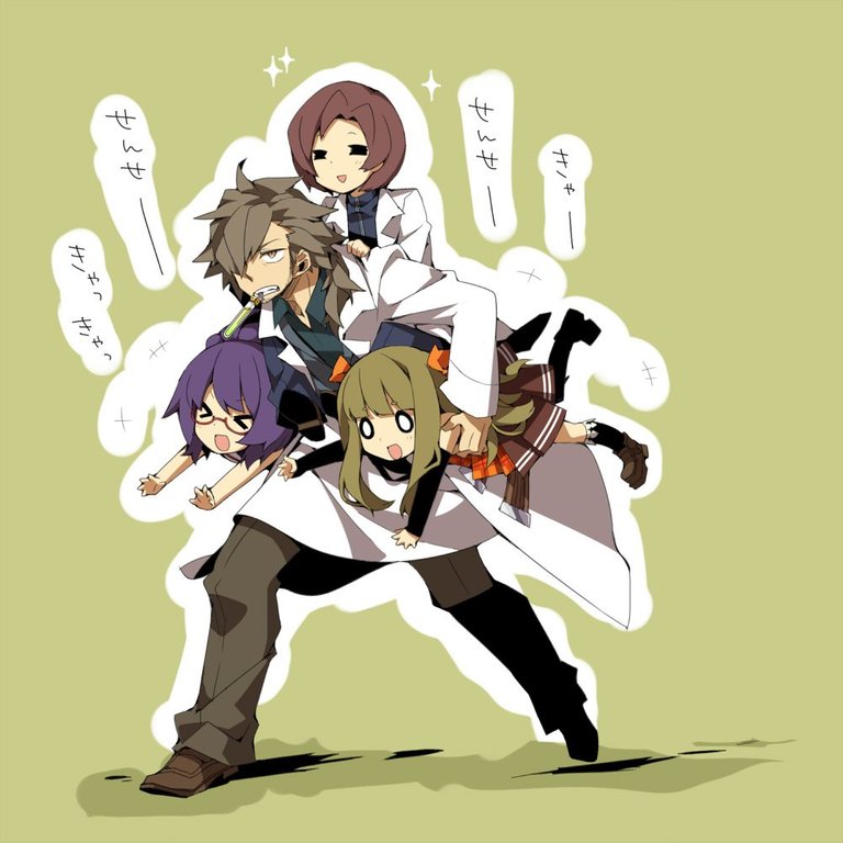 >_<, 0_0, 2boys, 2girls, bad_id, bad_pixiv_id, brown_hair, carrying
