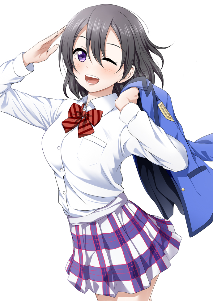 1girl, ;d, black_hair, blue_jacket, blush, bow, bowtie, breast_pocket