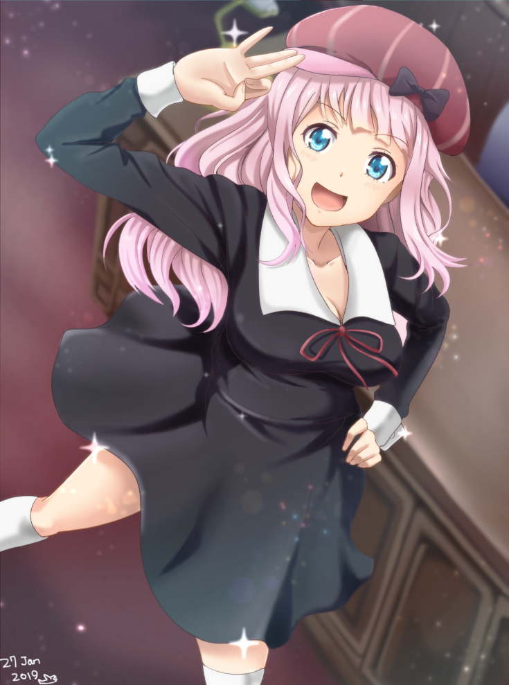 1girl, 2019, :d, black_dress, blunt_bangs, breasts, newsboy_cap, cleavage