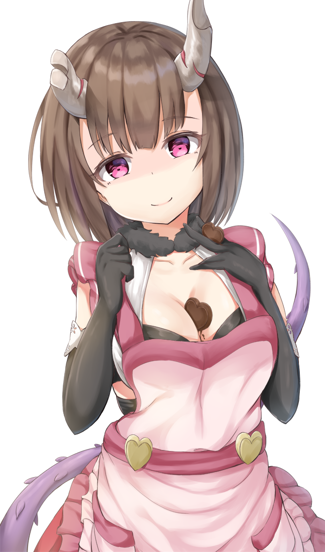 1girl, apron, between_fingers, black_gloves, breasts, broken_horn, brown_hair, candy