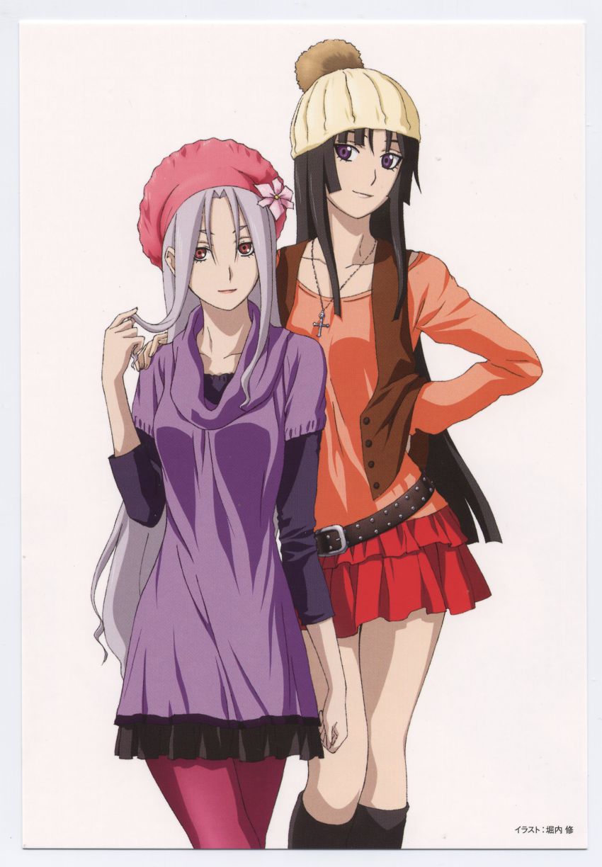 00s, 2girls, absurdres, belt, black_hair, blunt_bangs, boots, cross