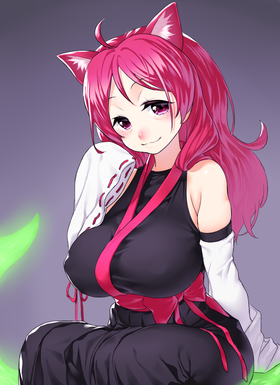 1girl, :3, animal_ear_fluff, animal_ears, bow, breasts, cat_ears, detached_sleeves, female_focus, gradient_background, grey_background, highres, kemurikusa, large_breasts, long_hair, looking_at_viewer, midori_(kemurikusa), onsoku_inu, red_eyes, red_hair, red_nose, ribbon, ritsu_(kemurikusa), sitting, sleeves_past_wrists, smile, solo, tsurime, waist_bow