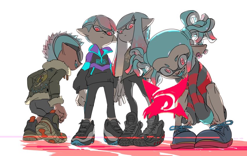 2boys, 2girls, bowl_cut, earrings, from_below, highres, hime_cut, inkling, inkling_boy, inkling_girl, inkling_player_character, inoue_seita, jewelry, multicolored_hair, multiple_boys, multiple_girls, nintendo, official_art, red_eyes, shoes, shorts, sneakers, spiked_hair, splatoon_(manga), splatoon_(series), splatoon_2, sunglasses, twintails, white_background, x-blood