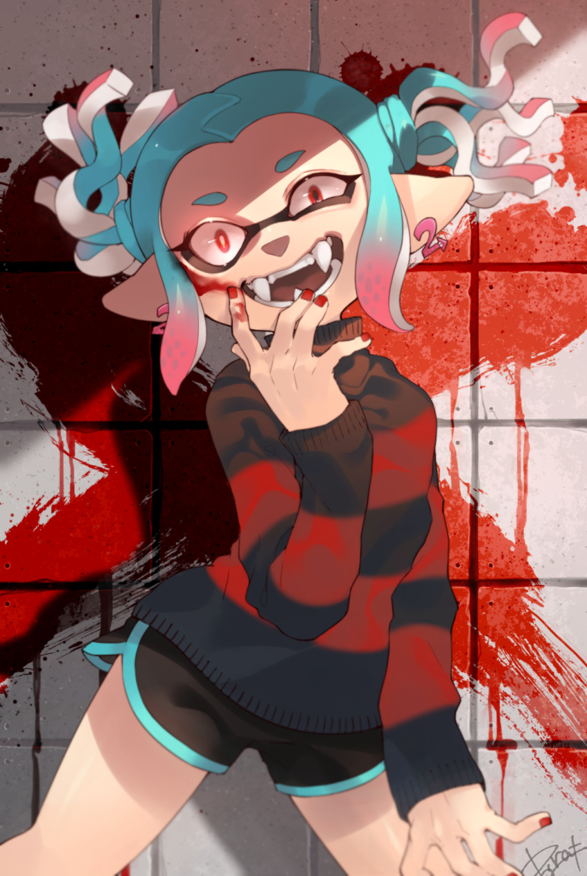 1girl, dolphin_shorts, earrings, highres, inkling, inkling_girl, inkling_player_character, jewelry, multicolored_hair, nail_polish, nintendo, prat_rat, red_eyes, short_shorts, shorts, splatoon_(manga), splatoon_(series), splatoon_2, twintails, x-blood