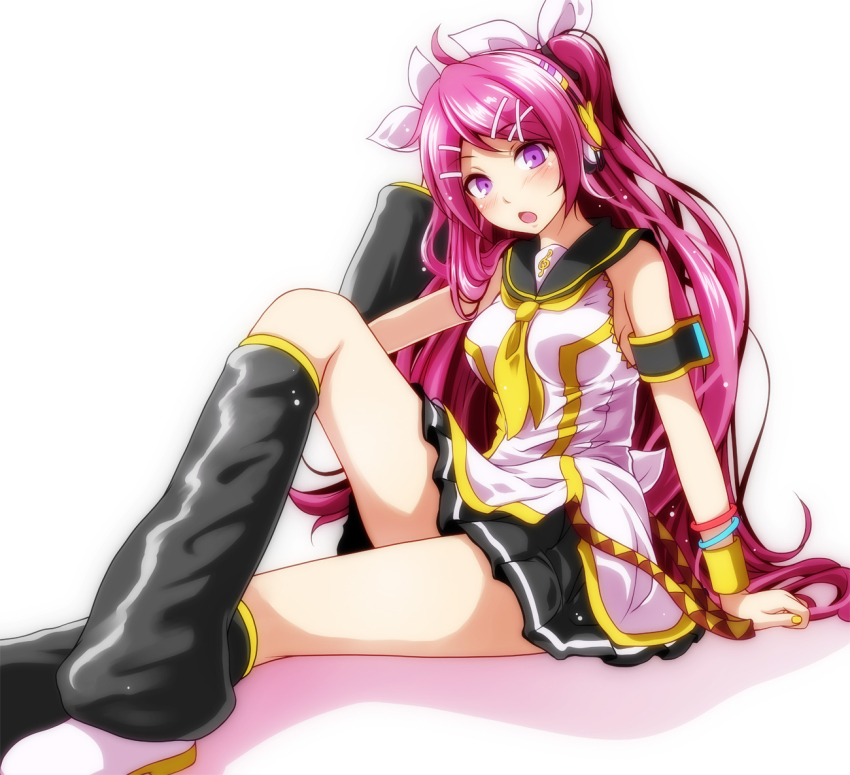 1girl, armband, black_skirt, detached_sleeves, hair_ribbon, headset, leg_warmers, megurine_luka