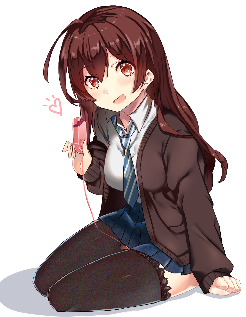 1girl, asura_(moepeach), black_cardigan, black_thighhighs, blue_necktie, blue_skirt, brown_eyes, brown_hair