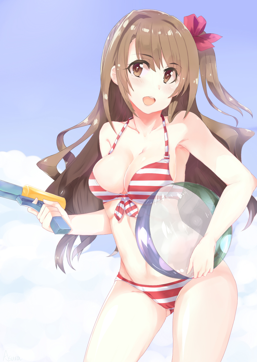1girl, asura_(moepeach), ball, beachball, bikini, blue_sky, breasts, brown_eyes