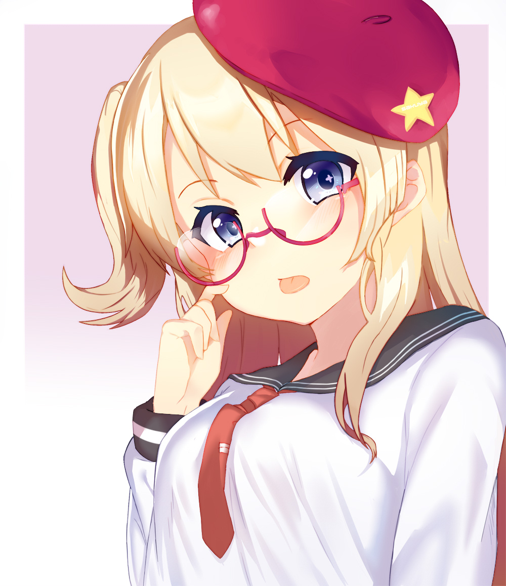 1girl, asura_(moepeach), black_sailor_collar, blonde_hair, blue_eyes, female_focus, glasses, hat