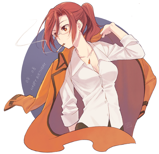 1girl, aozaki_touko, breasts, cigarette, cleavage, collarbone, dated, dress_shirt