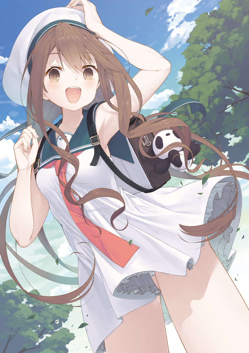 1girl, :d, arm_up, armpits, backpack, bag, bag_charm, bare_arms