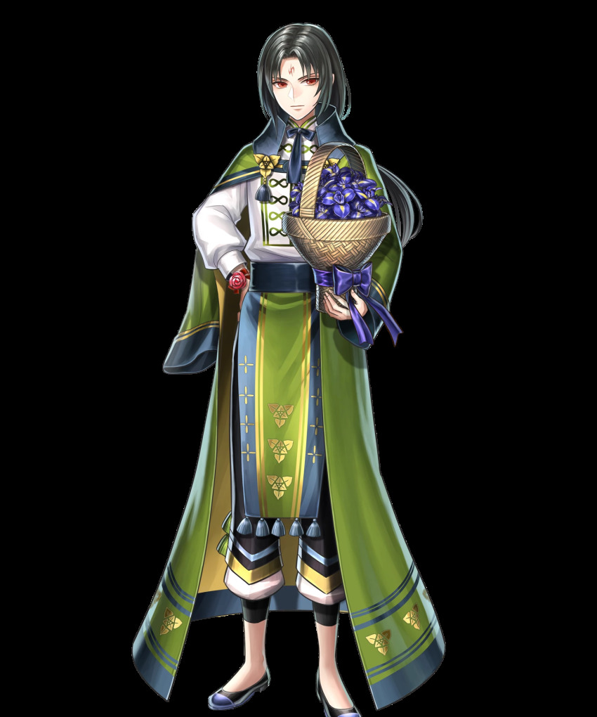 1boy, basket, black_hair, bow, bowtie, cape, facial_mark, fire_emblem, fire_emblem:_path_of_radiance, fire_emblem:_radiant_dawn, fire_emblem_heroes, flower, forehead_mark, full_body, haru_(toyst), highres, long_hair, low_ponytail, male_focus, nintendo, official_alternate_costume, official_art, ponytail, red_eyes, solo, soren_(fire_emblem), soren_(valentine)_(fire_emblem), transparent_background, weapon