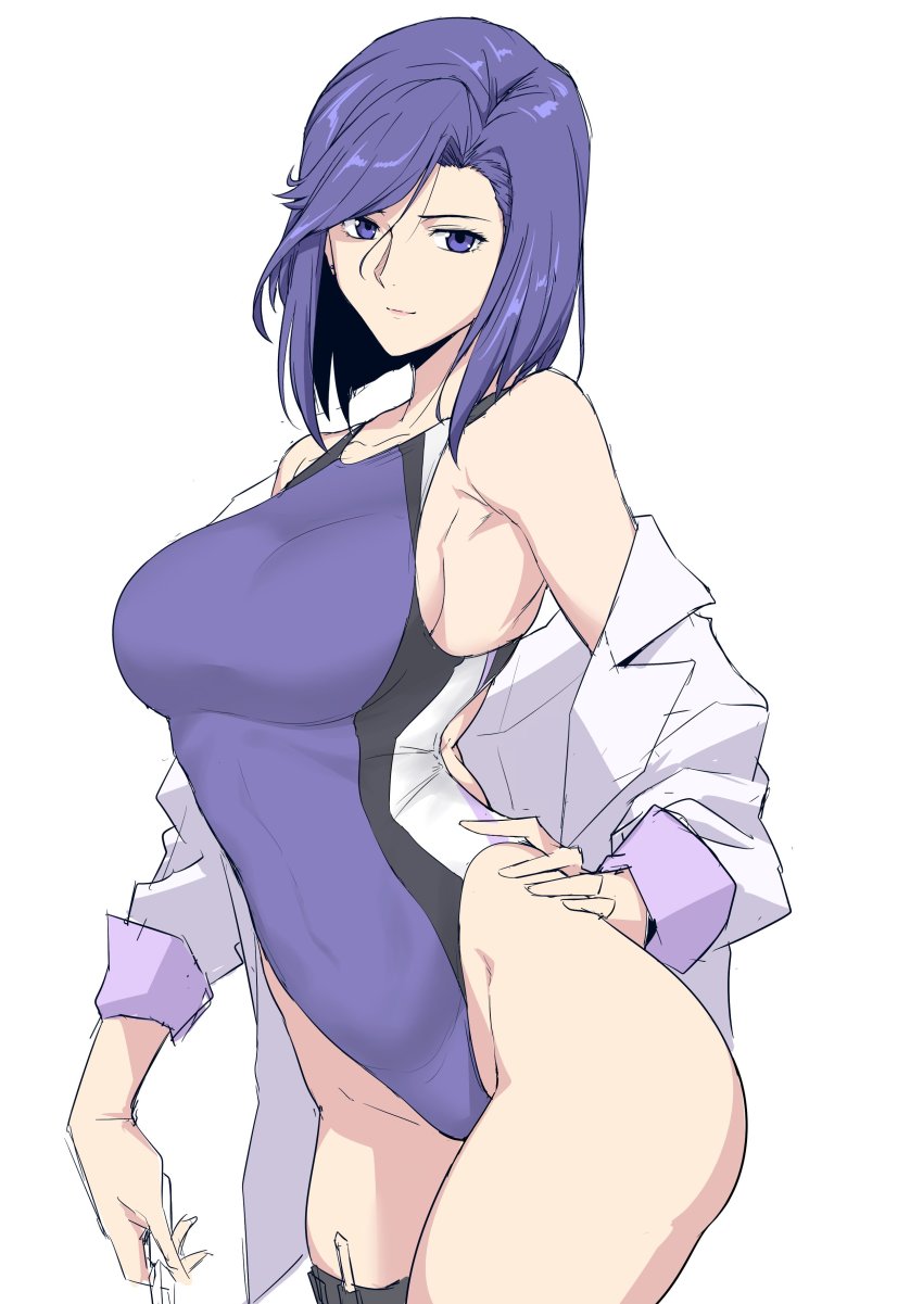 1girl, absurdres, bob_cut, breasts, city_hunter, closed_mouth, competition_swimsuit, cowboy_shot, dress_shirt, female_focus, flat_color, halcon, hand_on_own_hip, highleg, highleg_one-piece_swimsuit, highres, large_breasts, looking_at_viewer, narrow_waist, nogami_saeko, one-piece_swimsuit, open_clothes, purple_eyes, purple_hair, shirt, short_hair, simple_background, solo, swimsuit, thigh_strap, unfinished, white_background