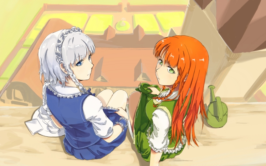 2girls, blue_eyes, blue_skirt, blue_vest, blurry, braid, breasts, chinese_clothes