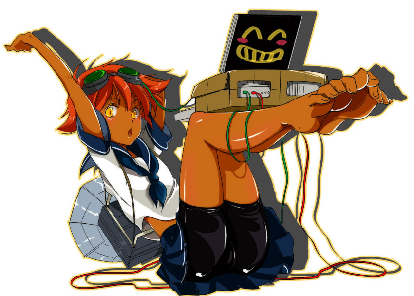 1990s_(style), 1girl, bad_id, bad_pixiv_id, barefoot, bike_shorts, blush_stickers, cable, computer, cowboy_bebop, dark-skinned_female, dark_skin, edward_wong_hau_pepelu_tivrusky_iv, feet, female_focus, foot_focus, goggles, legs_together, legs_up, mochida, mochida_(annie), open_mouth, red_hair, retro_artstyle, school_uniform, serafuku, short_hair, soles, solo, toes, tomboy, wire, yellow_eyes