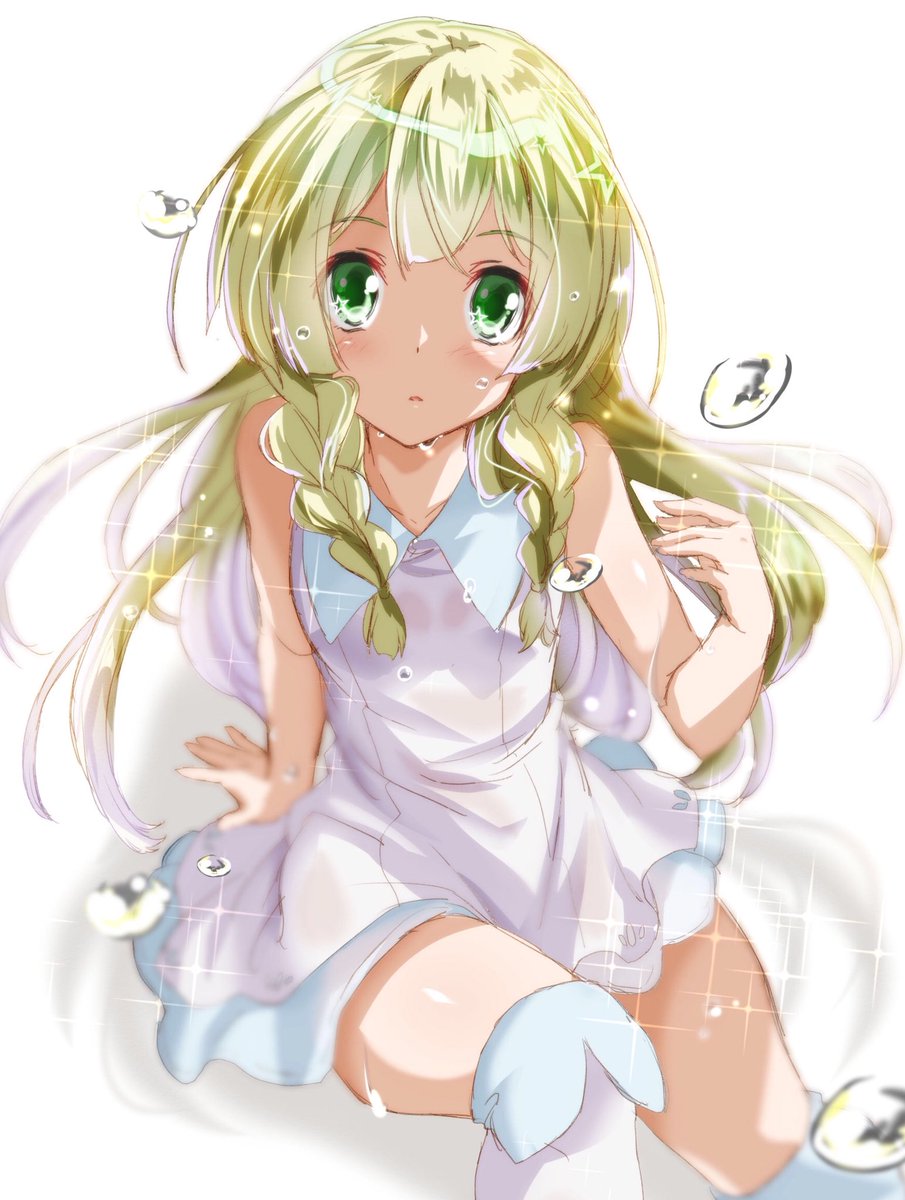 blonde_hair, braid, dress, green_eyes, highres, kneehighs, lillie_(pokemon), long_hair, looking_at_viewer, mi~o, nintendo, pokemon, pokemon_sun_and_moon, simple_background, sitting, sleeveless, sleeveless_dress, socks, solo, twin_braids, water_drop, wet, wet_clothes, wet_dress, white_background, white_dress