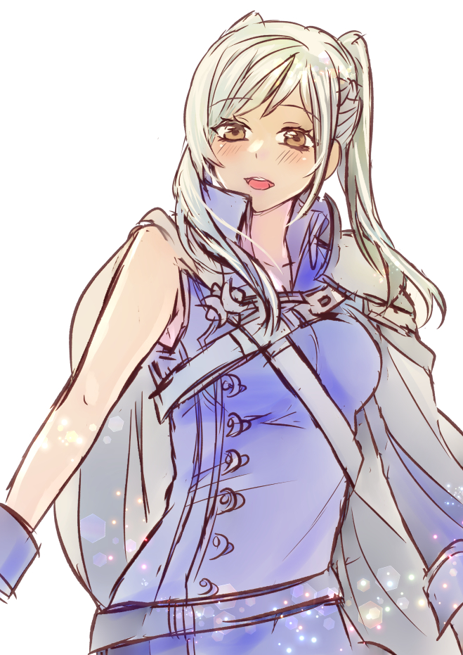 1girl, armor, belt, blue_gloves, blush, breasts, brown_eyes, cape