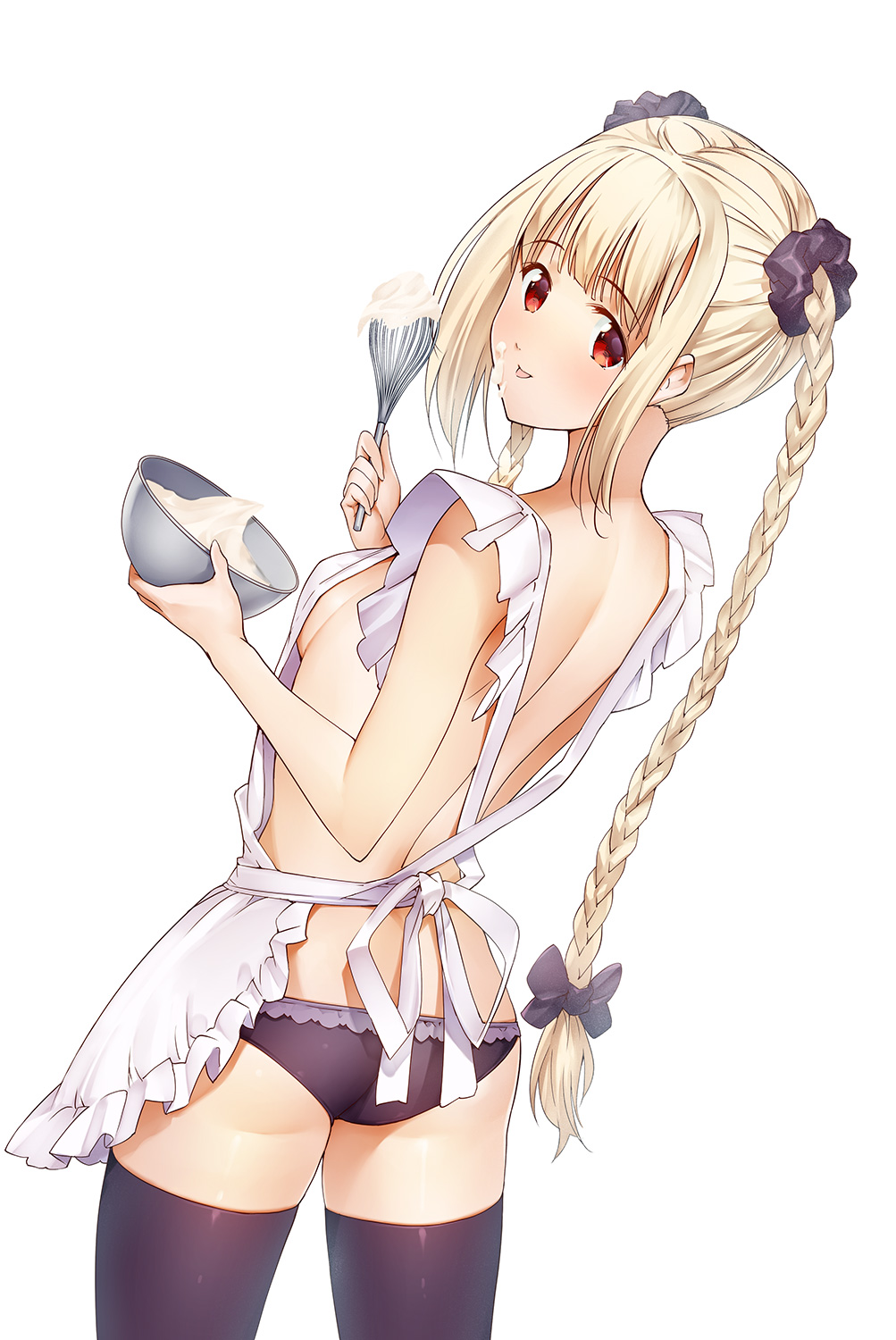 1girl, apron, artist_request, ass, blonde_hair, blush, bow, bowl, braid, breasts, character_request, cowboy_shot, darwin's_game, female_focus, food, food_on_face, hair_bow, highres, holding, holding_bowl, holding_whisk, long_hair, looking_at_viewer, nearly_naked_apron, panties, purple_bow, purple_panties, purple_thighhighs, red_eyes, shuka_(darwin's_game), simple_background, solo, thighhighs, twin_braids, underwear, very_long_hair, whisk, white_background