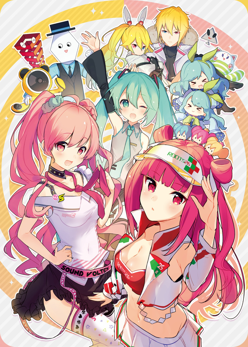 >_<, 1boy, 6+girls, :d, ahoge, arm_up, bare_shoulders, beatmania_iidx