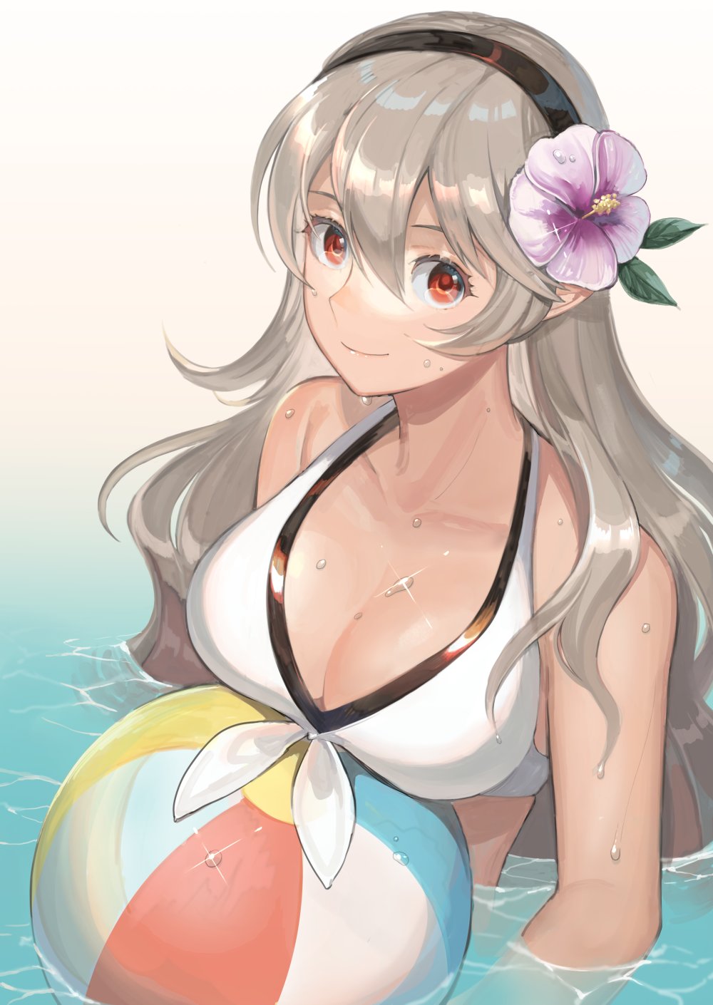 1girl, ball, beachball, bikini, black_hairband, breasts, cleavage, closed_mouth