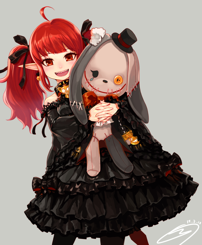 1girl, :d, ahoge, bad_id, bad_pixiv_id, black_bow, black_dress, black_hat