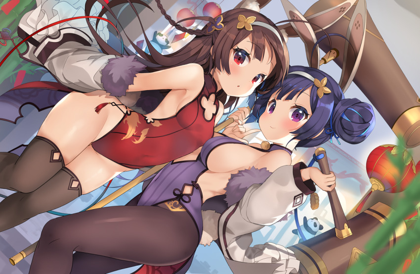 2girls, ahoge, animal_ears, armpits, azur_lane, backless_leotard, backless_outfit, bamboo