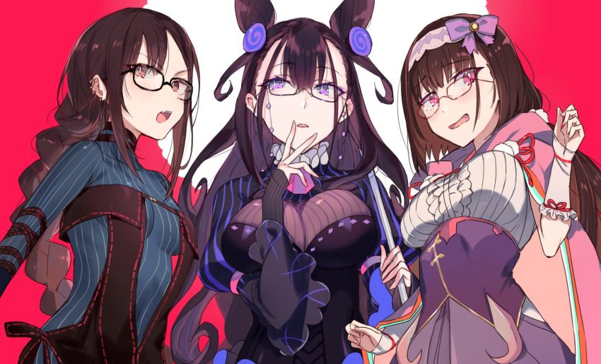 3girls, bow, braid, brown_hair, cape, cleavage_cutout, clothing_cutout, cone_hair_bun