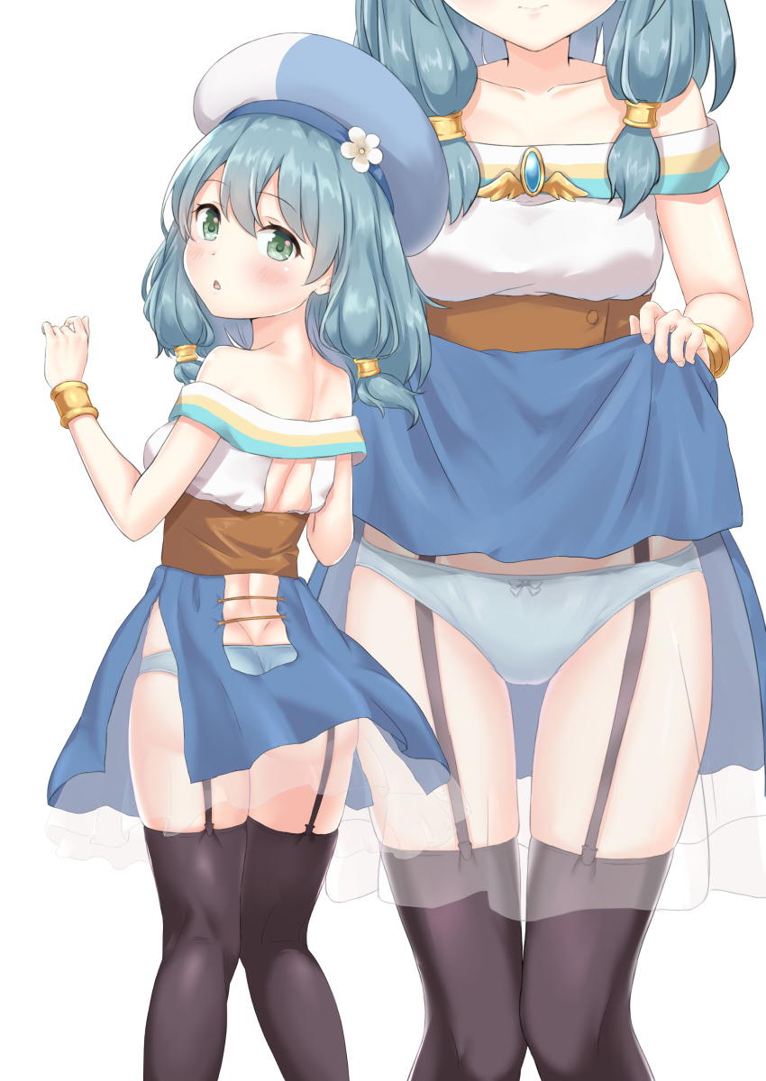 1girl, absurdres, back, bangle, bare_shoulders, beret, black_thighhighs, blue_hair