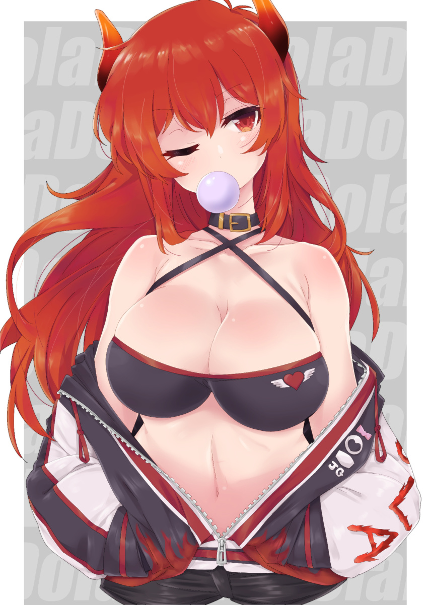 1girl, armpit_crease, bad_id, bad_pixiv_id, bare_shoulders, belt_collar, bikini, bikini_top_only, black_bikini, black_shorts, blowing_bubble_gum, blowing_bubbles, blush, breasts, character_name, chewing_gum, cleavage, clothes_writing, collar, collarbone, commentary_request, criss-cross_halter, dola_(3rd_costume)_(nijisanji), dola_(nijisanji), female_focus, hair_between_eyes, halterneck, hands_in_pockets, head_tilt, highres, horns, itou_ayachi, jacket, large_breasts, long_hair, long_sleeves, looking_at_viewer, navel, nijisanji, off_shoulder, one_eye_closed, red_eyes, red_hair, short_shorts, shorts, solo, stomach, swimsuit, virtual_youtuber, white_jacket, zipper, zipper_pull_tab