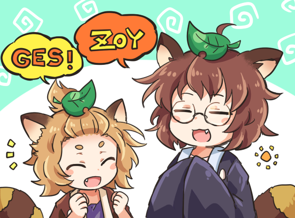 2girls, ^_^, animal_ears, brown_hair, closed_eyes, fang, futatsuiwa_mamizou, glasses, japanese_clothes, leaf, leaf_on_head, light_brown_hair, multiple_girls, notice_lines, open_mouth, pote_(ptkan), raccoon_ears, raccoon_tail, round_eyewear, short_hair, tail, tanuki_mob_(touhou), thick_eyebrows, topknot, topknot_tanuki, touhou, upper_body